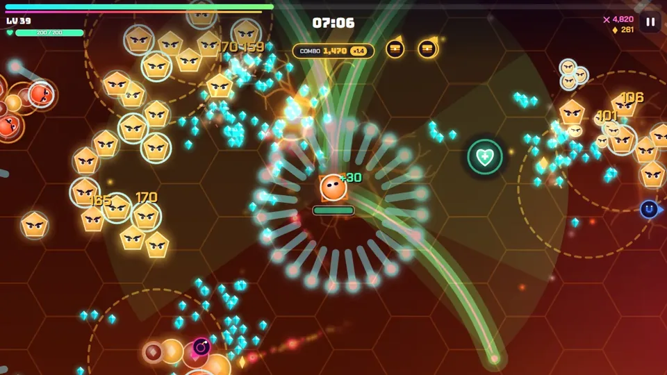 A ring of blades spins through a horde in the orange Solar Forge stage