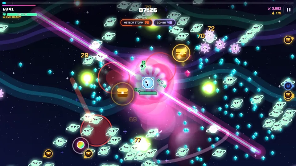 A pink laser sweeps across a swarm in the Aurora Void stage