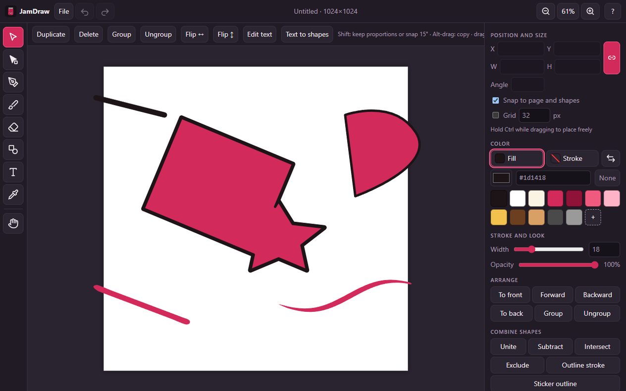 JamDraw's editor: a jam-red shape with a thick sticker outline, a star and brush strokes on the page, with color swatches and shape tools in the side panel