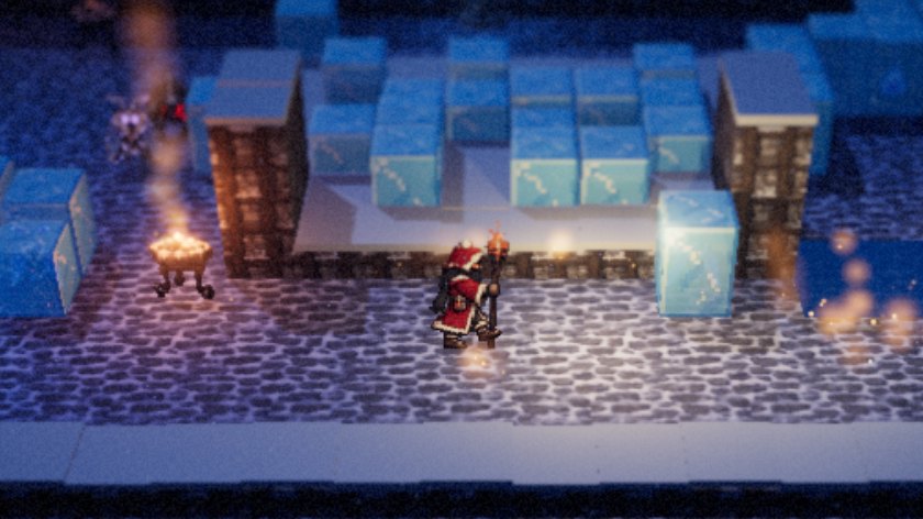 Last Flame gameplay: the fire mage in a snowy village at night, between a brazier and walls of ice