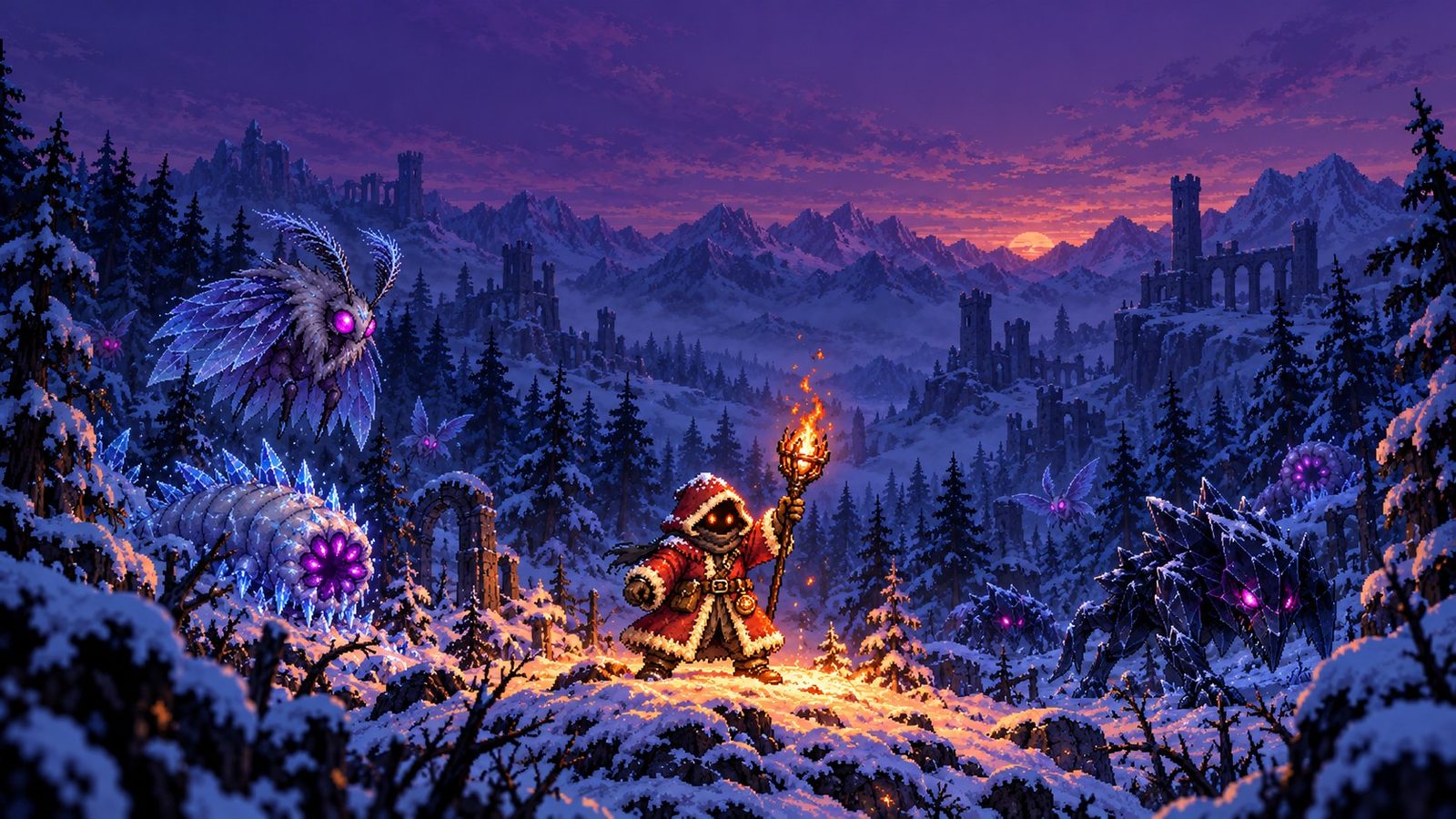 Last Flame key art: a fire mage on a snowy rise at dusk, an ember raised, while frost creatures close in from the blue shadows