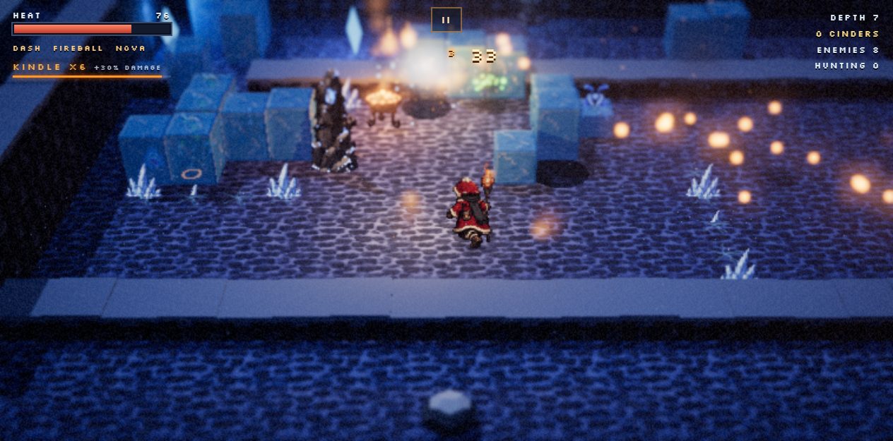 The mage fighting in a snowy village at night, orbiting embers circling him